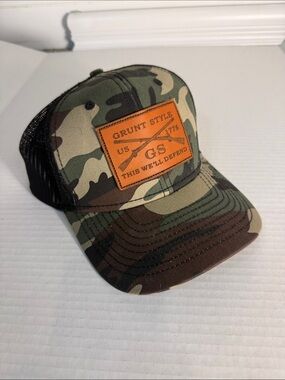 Grunt Style Camo Trucker Hat with Brown Leather Patch
